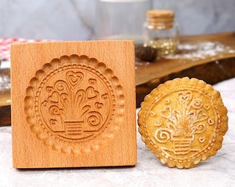 Flower Pot Cookie Mold: Wooden Cookie Embosser, Holiday Baking