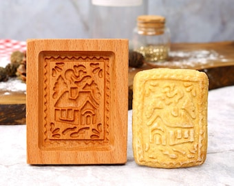 Wooden Snow House Cookie Mold: Christmas Biscuit Stamp