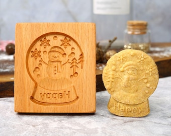 Snowman Christmas Ball Cookie Mold: Wooden Biscuit Stamp