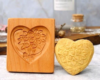 Heart & Flowers Cookie Mold: Wooden Gingerbread Shortbread Cutter