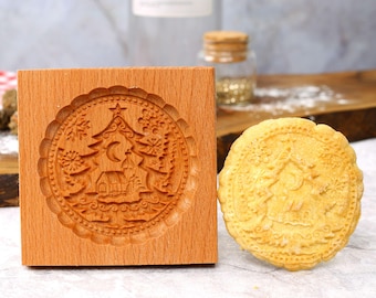 Weihnachtsbaum Lebkuchen Form, Plätzchen Form mit Mond und kleinem Haus, Ausstechform Springerle aus Holz