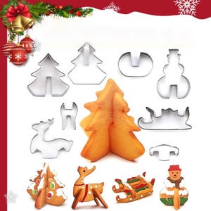 以下が含まれることがあります： クリスマスをテーマにしたクッキーカッターのコレクション。クリスマスツリー、雪だるま、トナカイ、そりなどの様々な形があります。一部のカッターは銀色の金属製で、その他は装飾されたクッキーです。焼かれたクリスマスツリークッキーも存在します。