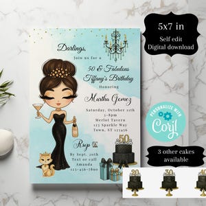 May include: A digital invitation for a 50th birthday party. The design features a cartoon woman in a black dress holding a champagne bottle and a cocktail. The invitation includes event details, the honoree's name, and RSVP information.