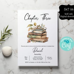 May include: A printable 5x7 inch invitation for a birthday party featuring an illustration of a stack of books and autumn leaves. The text reads "Chapter Three" and "Daniel" with the date and time of the party.