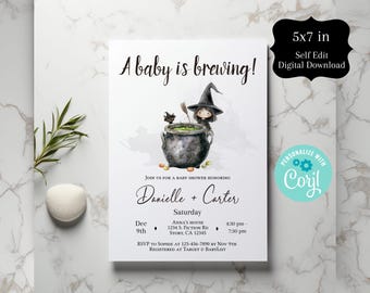 May include: A 5x7 inch baby shower invitation card featuring the text A baby is brewing! with a watercolor illustration of a witch and a black cat standing behind a bubbling green cauldron. The card includes event details for Danielle and Carter.