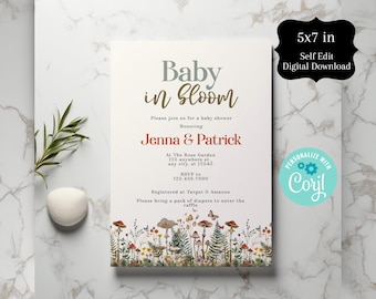 Op de afbeelding: Een 5x7 inch printbare babyshower-uitnodiging met een bloemenontwerp. De uitnodiging zegt "Baby in Bloom" en is voor Jenna & Patrick. De tekst bevat ook de locatie, RSVP-informatie en registratiegegevens.