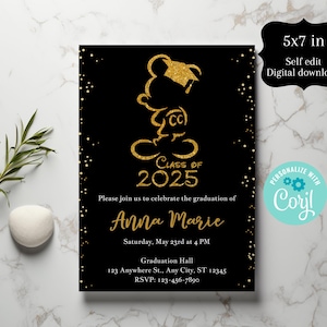 May include: Black and gold graduation invitation with a cartoon mouse wearing a graduation cap. The invitation says "Class of 2025" and includes the name "Anna Marie".