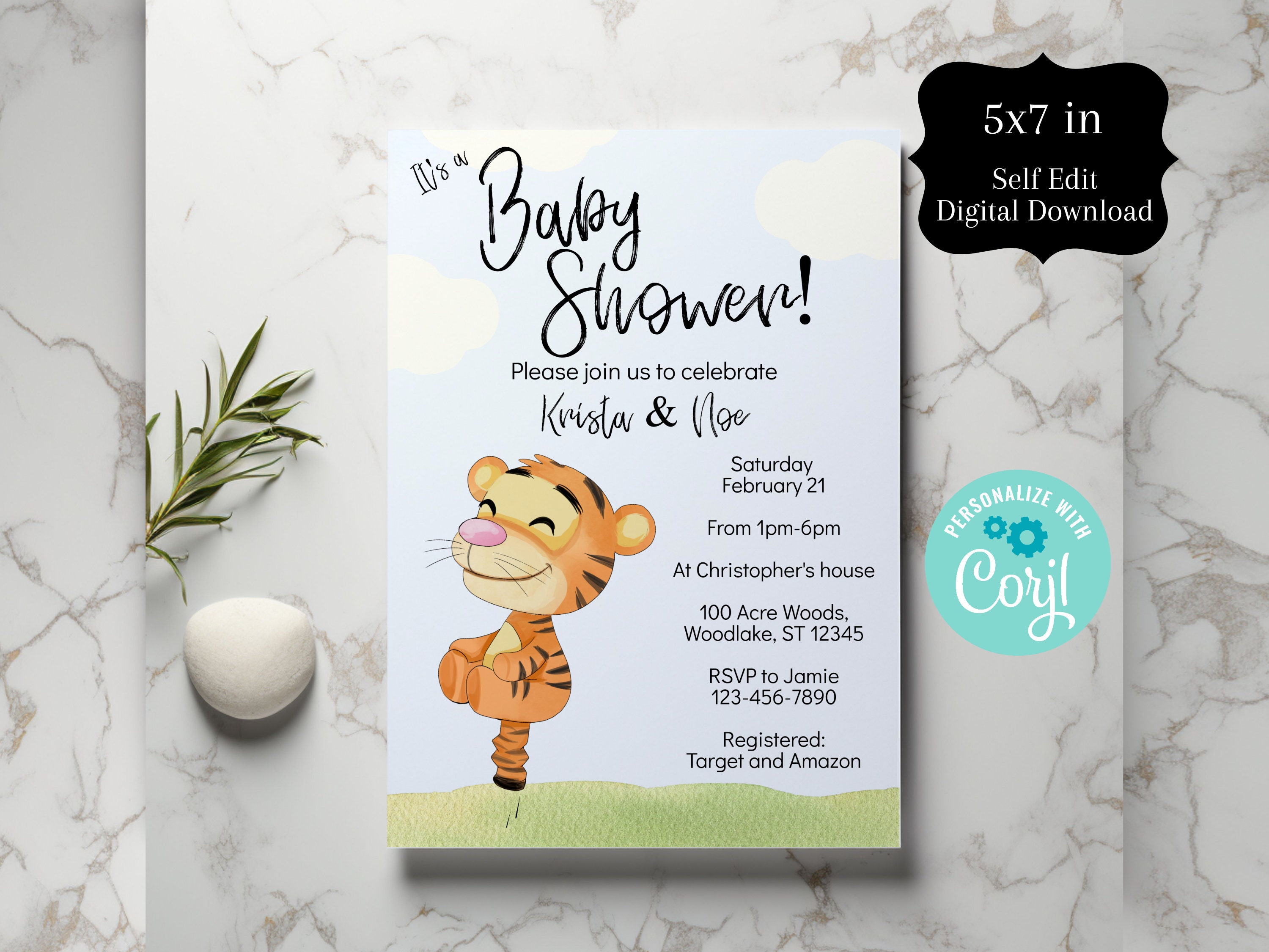 Tigger Baby Shower, Tigger Baby Shower Invitation,  Tigger Invite, Tigger Invite, Self Editable 5x7 IN Adventure Baby Shower Corjl