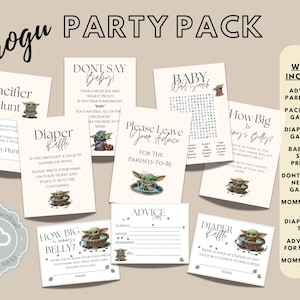 May include: A printable party pack with a Grogu theme. The pack includes a variety of games and activities for a baby shower, such as a pacifier hunt, a diaper raffle, a baby word search, and a "Don't Say Baby" necklace game. The games feature a cute Grogu illustration.