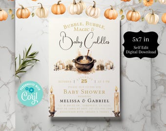 May include: A printable 5x7 inch baby shower invitation with a cauldron, candles, and pumpkins. The text reads "Bubble, Bubble, Magic & Baby Cuddles".