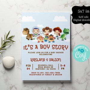 Toy and Animal Shower, Baby Shower Invitation, Toy Invite, Boy Invite, Boy Story, Do It Yourself 5x7 IN, Baby Shower, It's a Boy Story Corjl
