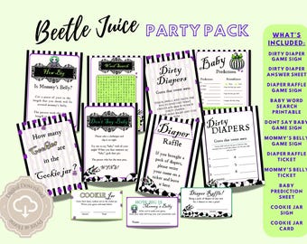 Beetle Baby Shower Games, Beetle Juice Baby Game Pack, Lydia Baby Games, Goth Baby Shower Games,  Beetle Juice, Self Print