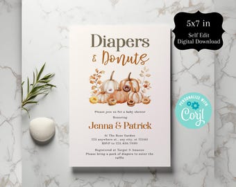 May include: A 5x7 inch digital baby shower invitation card featuring the text Diapers & Donuts, Jenna & Patrick, and event details. The design includes watercolor illustrations of pumpkins and donuts with autumn-colored foliage accents.