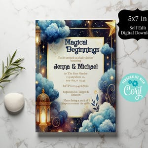 May include: A 5x7 inch printable baby shower invitation with a magical theme. The invitation features a blue and gold color scheme with clouds, stars, and lanterns. The text reads "Magical Beginnings" and includes the names "Jenna & Michael".