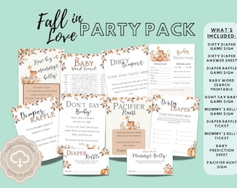 May include: A printable party pack for a baby shower with a fall theme. The pack includes a variety of games, such as a diaper raffle, a baby word search, a don't say baby game, and a pacifier hunt. The games are decorated with a cute deer and pumpkin design.
