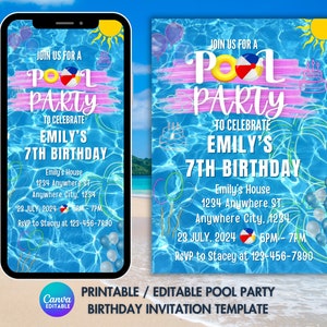 Druckbare Einladung zur Pool-Party, Sommer-Geburtstagsfeier Evite, Text-Einladung, elektronische Einladung, digitaler Download, bearbeitbare Einladung