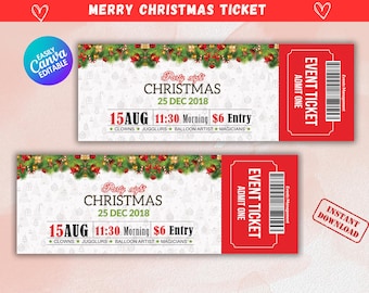 Plantilla imprimible de boleto navideño: Revelación de regalo sorpresa (Canva editable, descarga digital)