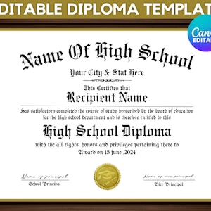Może przedstawiać: Szablon dyplomu z tekstem "Name Of High School" i "High School Diploma". Projekt zawiera złotą obwódkę i edytowalną odznakę Canva. Dyplom jest umieszczony na tle ciemnego drewna.