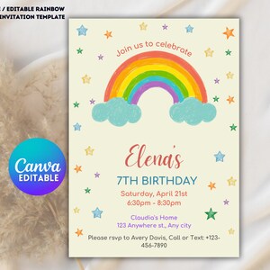 Bearbeitbare Regenbogen-Geburtstags-Einladung, Mädchen-Regenbogen-Party, Überraschungs-Geburtstags-Einladung, Regenbogen-Wolken-Einladung, sofortiger Download 5x7 Karte