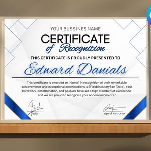 Plantilla de certificado de reconocimiento a empleados, certificado de reconocimiento editable, premios a empleados, certificado de agradecimiento, descarga