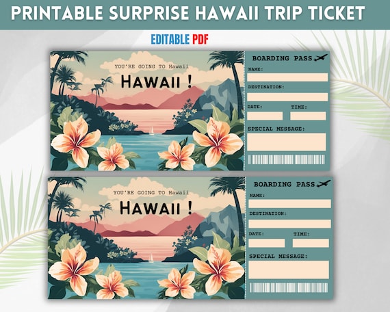 Printable Hawaii Surprise Trip Ticket: Editable Boarding Pass (Instant Download)