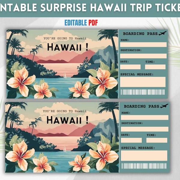 Printable Hawaii Surprise Trip Ticket: Editable Boarding Pass (Instant Download)