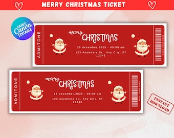 Plantilla imprimible de boleto navideño: Revelación de regalo sorpresa (Canva editable, descarga digital)