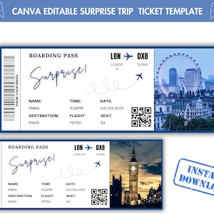 Modello di carta d'imbarco modificabile, biglietto aereo personalizzato stampabile, carta d'imbarco Canva, download digitale, biglietto carta d'imbarco fai da te