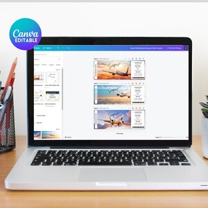 Puede incluir: Una pantalla de computadora port&aacute;til que muestra una plantilla de dise&ntilde;o de Canva para tarjetas de embarque de avi&oacute;n imprimibles. La plantilla presenta un fondo de puesta de sol con un avi&oacute;n volando sobre las nubes. El texto "Boarding Pass" es visible en la plantilla.