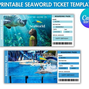 Modelo de ingresso editável para viagem ao SeaWorld, ingresso surpresa para presente do Sea World para impressão, ingresso para cartão de embarque, modelo de ingresso,