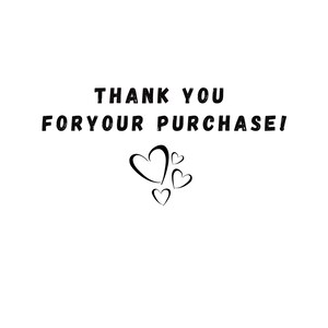 Puede incluir: &iexcl;Gracias por tu compra! El texto est&aacute; acompa&ntilde;ado de tres corazones negros.