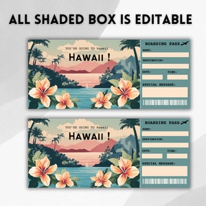 Puede incluir: Dos tarjetas de embarque imprimibles con un tema tropical hawaiano. Las tarjetas tienen campos editables para el nombre, el destino, la fecha, la hora y un mensaje especial. El fondo presenta una puesta de sol sobre una isla tropical con palmeras y flores.