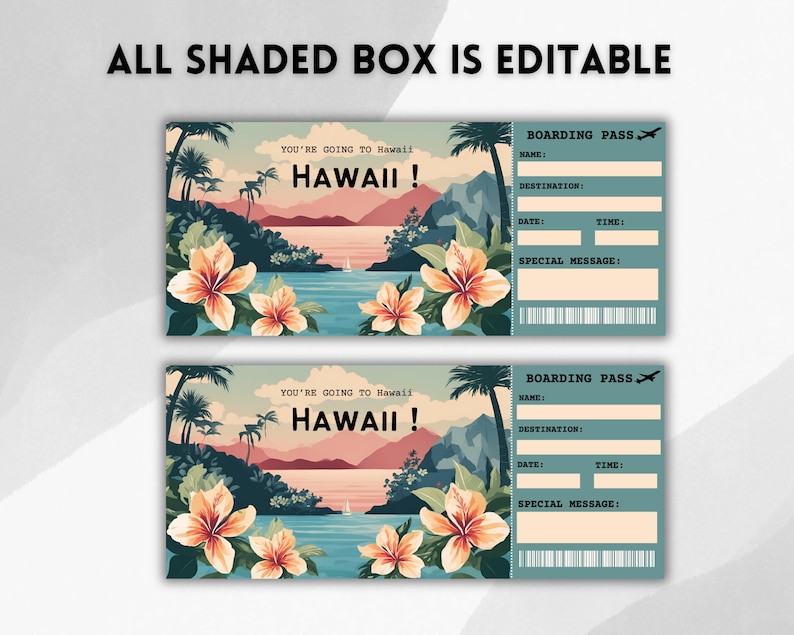 Puede incluir: Dos tarjetas de embarque imprimibles con un tema tropical hawaiano. Las tarjetas tienen campos editables para el nombre, el destino, la fecha, la hora y un mensaje especial. El fondo presenta una puesta de sol sobre una isla tropical con palmeras y flores.