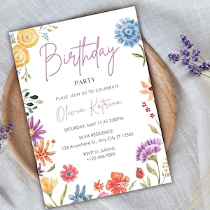 Editable Flower Birthday Invitation Template, Wildflower Birthday Invite, Floral Women&#39;s Birthday, Flowers Birthday Evite, Instant Download