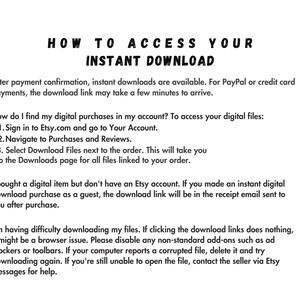 Puede incluir: Instrucciones sobre c&oacute;mo acceder a descargas instant&aacute;neas para compras digitales realizadas en Etsy.com. El texto explica c&oacute;mo encontrar compras digitales en tu cuenta, c&oacute;mo acceder a descargas como invitado y c&oacute;mo solucionar problemas de descarga.