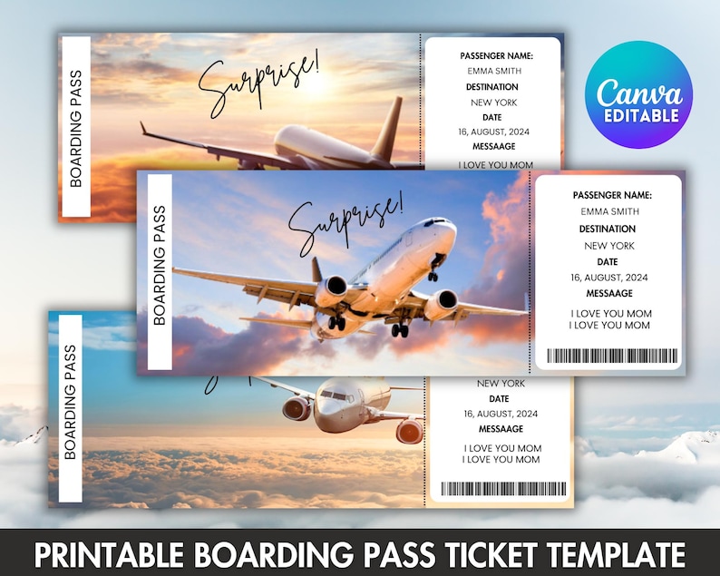 Puede incluir: Plantilla de boleto de embarque imprimible con un avi&oacute;n volando en un cielo de puesta de sol. El texto en el boleto dice "&iexcl;Sorpresa!" e incluye el nombre del pasajero, el destino, la fecha y un mensaje. La plantilla es editable.