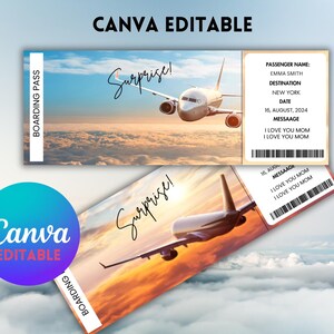 Puede incluir: Una plantilla de tarjeta de embarque imprimible con un avi&oacute;n volando sobre las nubes. El texto "&iexcl;Sorpresa!" est&aacute; escrito en cursiva en la tarjeta de embarque. El texto "Nombre del pasajero: Emma Smith, Destino: Nueva York, Fecha: 16 de agosto de 2024, Mensaje: Te amo mam&aacute;, Te amo mam&aacute;" tambi&eacute;n est&aacute; en la tarjeta de embarque.