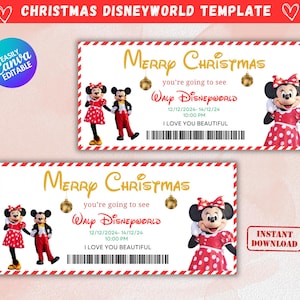 Druckbare Weihnachten Disneyland Surprise Ticket Vorlage, Disneyworld Ticket, Überraschung offenbaren Geschenk, Freizeitpark-Coupon, Canva bearbeitbar,