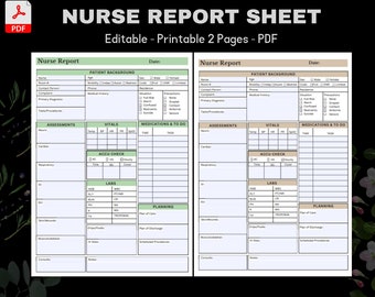 Editable Nursing Report Sheet, Nurse Brain Sheet, Printable Nurse Report Sheet, Patient Assessment, ICU Nurses resources, Nursing notes