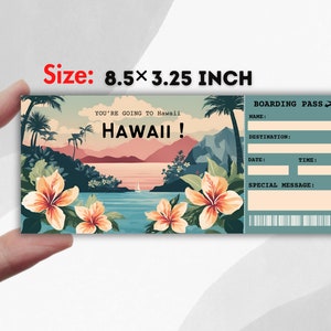 Puede incluir: Un billete de embarque imprimible con una escena de isla tropical que presenta palmeras, flores y una puesta de sol sobre el oc&eacute;ano. El texto en el billete dice "You're going to Hawaii! Hawaii!" y "Boarding Pass".