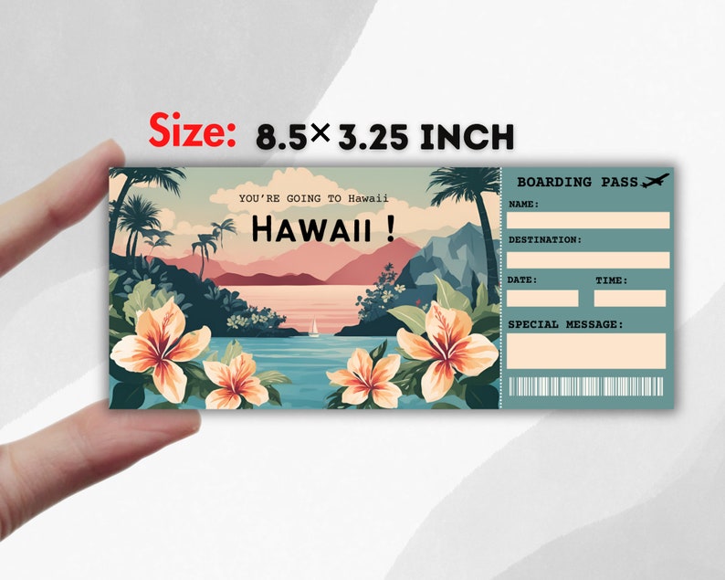 Puede incluir: Un billete de embarque imprimible con una escena de isla tropical que presenta palmeras, flores y una puesta de sol sobre el oc&eacute;ano. El texto en el billete dice "You're going to Hawaii! Hawaii!" y "Boarding Pass".