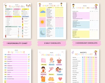以下が含まれることがあります： 子供たちが毎日のルーチン、家事、報酬のために使用できる印刷可能なチャートのセット。チャートには、子供と動物のカラフルなイラストが描かれており、子供たちが整理整頓してやる気を維持するのに役立ちます。