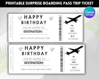 Plantilla de tarjeta de embarque de cumpleaños imprimible: Viaje sorpresa (descarga instantánea)