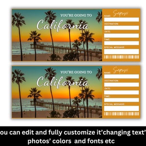 Printable California Surprise Trip Ticket, Boarding Pass Ticket Template, Gift Ticket, Trip Ticket, Vacation Ticket, Instant Download
