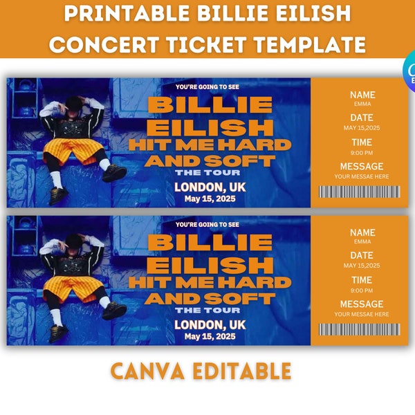 Editable Billie Eilish Hit Me Hard And Soft Tour Ticket Template, Musical Ticket, Surprise Gift Ticket, Concert Ticket, Instant Downloads