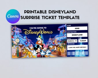 Druckbare Disneyland-Überraschungsticket-Vorlage, Disneyworld-Ticket, Überraschungsgeschenk, Themenpark-Ticket, Canva editierbar, digitaler Download