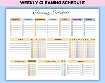 May include: A printable cleaning schedule with a yellow, orange, and blue color scheme. The schedule includes daily, weekly, monthly, quarterly, semi-annual, and annual cleaning tasks. The days of the week are listed across the top, and the months of the year are listed below.