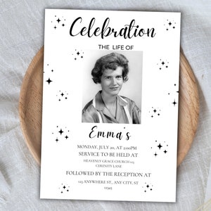 May include: Black and white photo of a woman with a black and white star pattern on a white background. The text reads "Celebration, The Life of Emma's, Monday, July 20, at 2:00 PM, Service to be held at Heavenly Grace Church, Cerenity Lane, Followed by the reception at 123 Anywhere St, Any City, St, 12345".