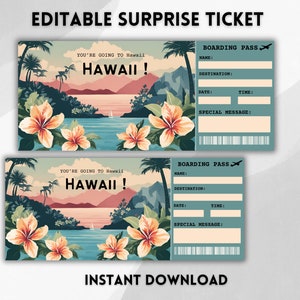 Puede incluir: Billete de avi&oacute;n sorpresa editable e imprimible con una escena de isla tropical y el texto "YOU'RE GOING TO HAWAII!" y "HAWAII!" en la parte superior de cada billete. La parte inferior de cada billete tiene el texto "BOARDING PASS" y espacios en blanco para el nombre, el destino, la fecha, la hora y un mensaje especial.