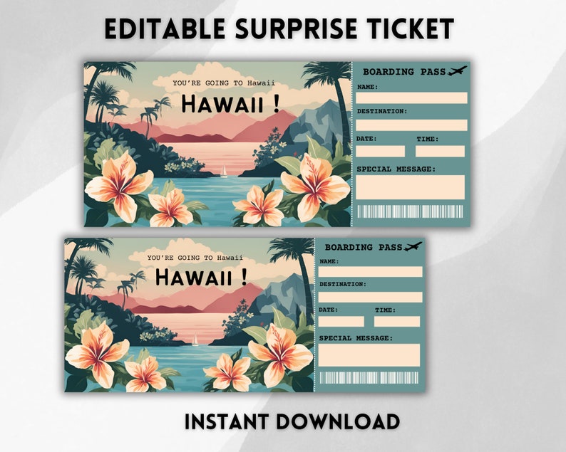 Puede incluir: Billete de avi&oacute;n sorpresa editable e imprimible con una escena de isla tropical y el texto "YOU'RE GOING TO HAWAII!" y "HAWAII!" en la parte superior de cada billete. La parte inferior de cada billete tiene el texto "BOARDING PASS" y espacios en blanco para el nombre, el destino, la fecha, la hora y un mensaje especial.